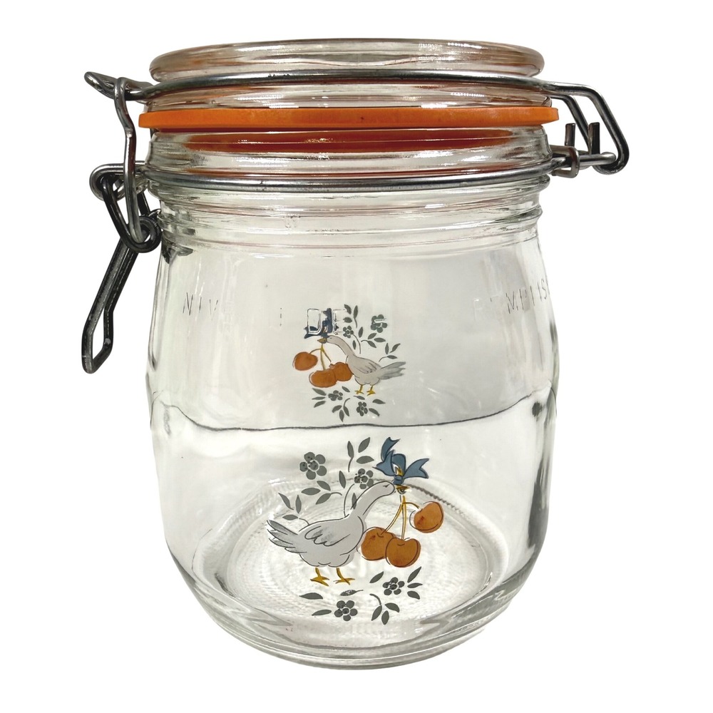 Vintage 80s Arc France GOOSE & CHERRIES Glass Canister 3/4L Wire Bail Jar NICE